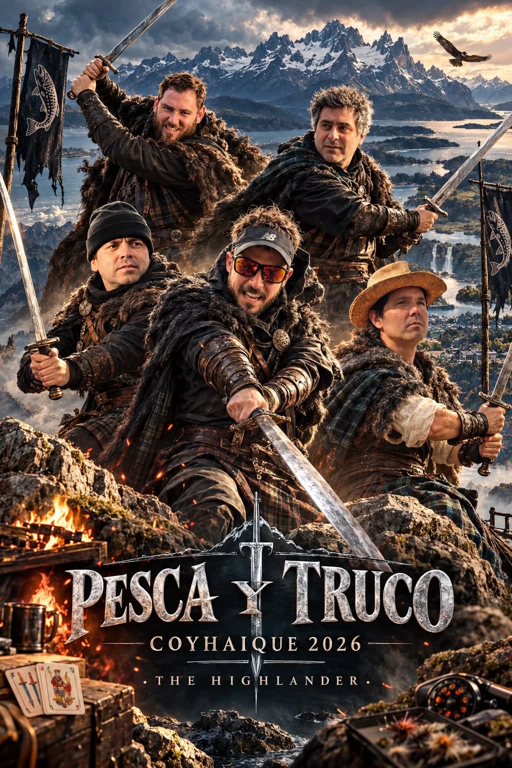 Afiche Pesca y Truco Coyhaique 2026, The Highlander: cinco jugadores con pieles y kilts, espada en mano sobre las rocas, con montañas nevadas y lagos de la Patagonia al fondo.